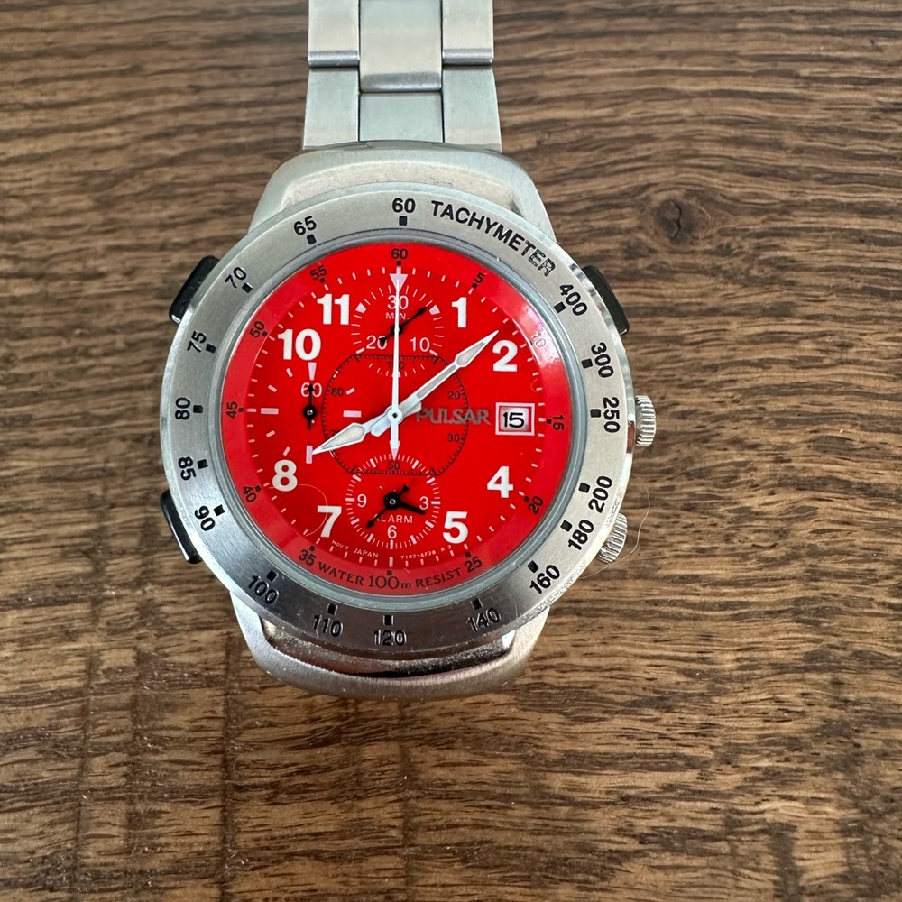 Pulsar Chronograph Watch Red Dial Stainless Steel | Sporty Statement Piece